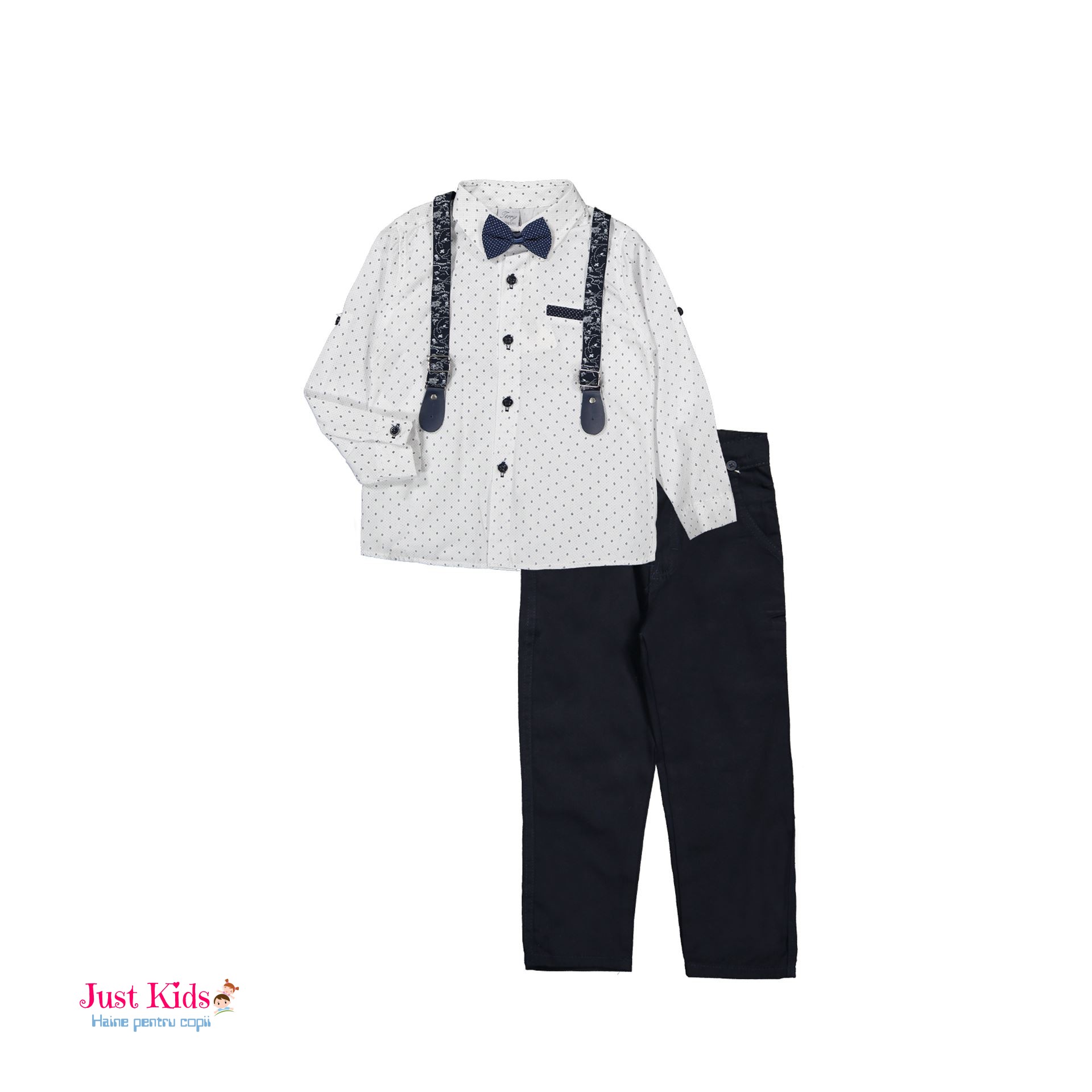 Set/Compleu elegant 4 piese, pantaloni bleumarin și cămașă albă cu model, 1-12 ani