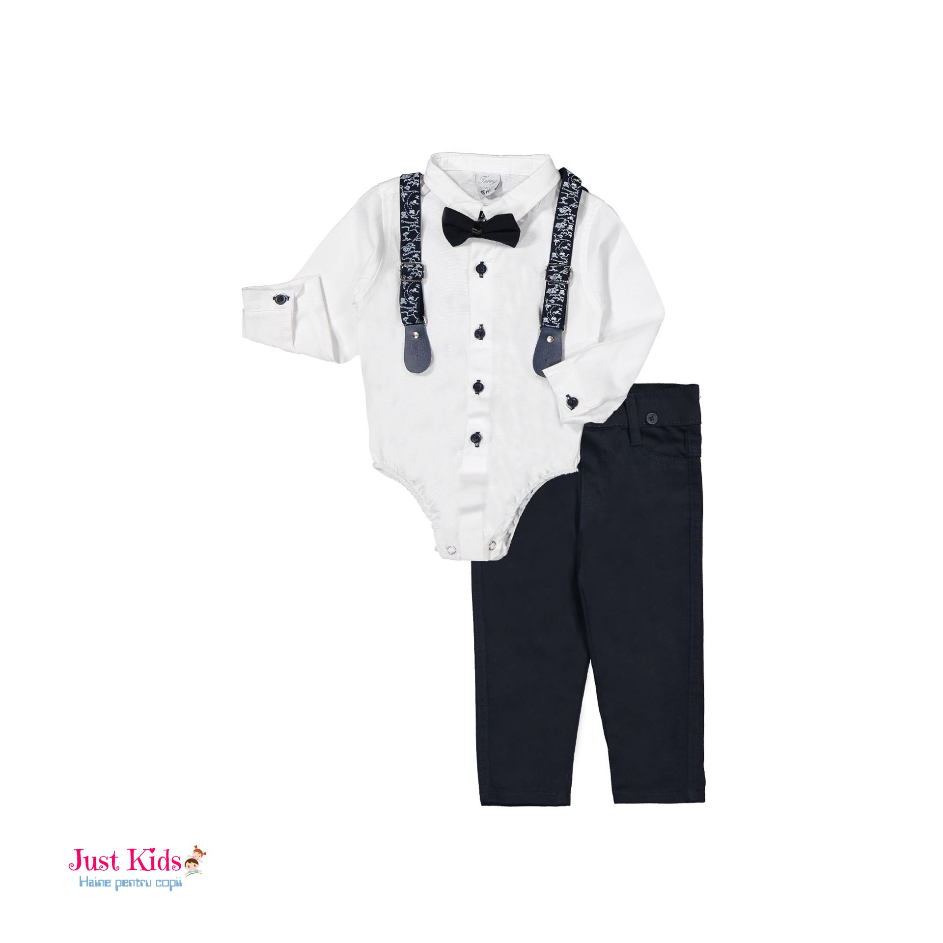 Set/Compleu elegant 4 piese, pantaloni bleumarin și cămașă tip body albă , 6-24 luni