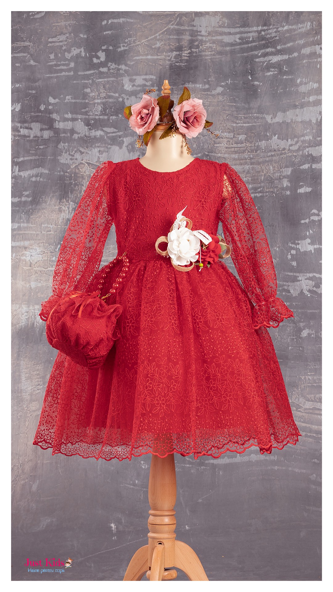 Rochie eleganta de dantela cu gentuță, Roșie, 6-12