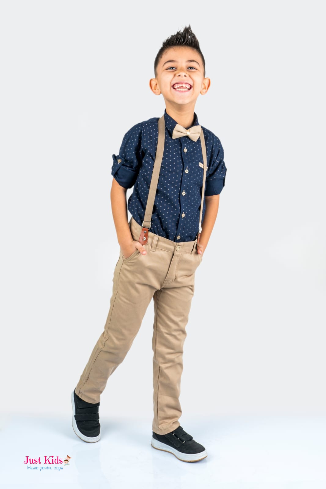 Set/Compleu elegant 4 piese, pantaloni bej și cămașă bleumarin, 1-8 ani