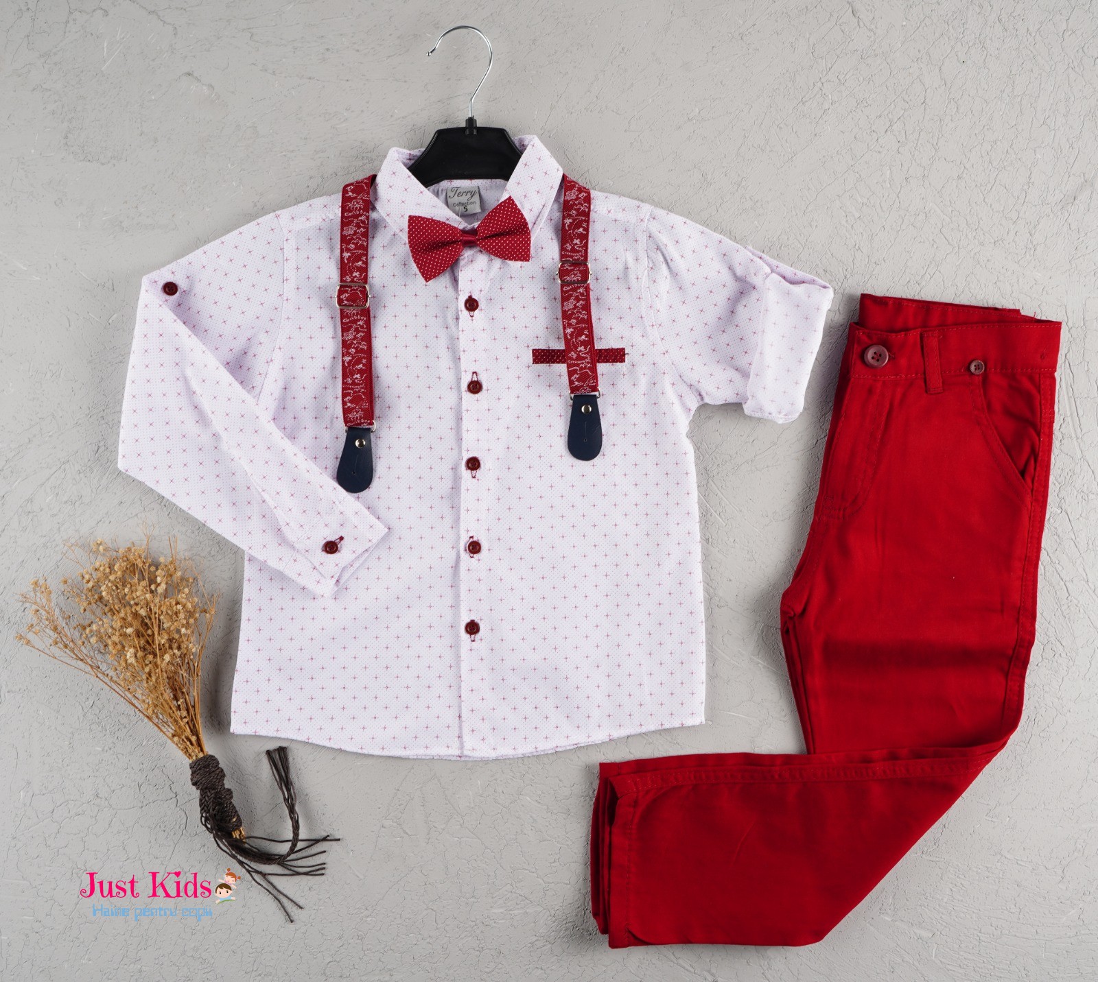 Set/Compleu elegant 4 piese, pantaloni și cămașă, roșu 1-8 ani