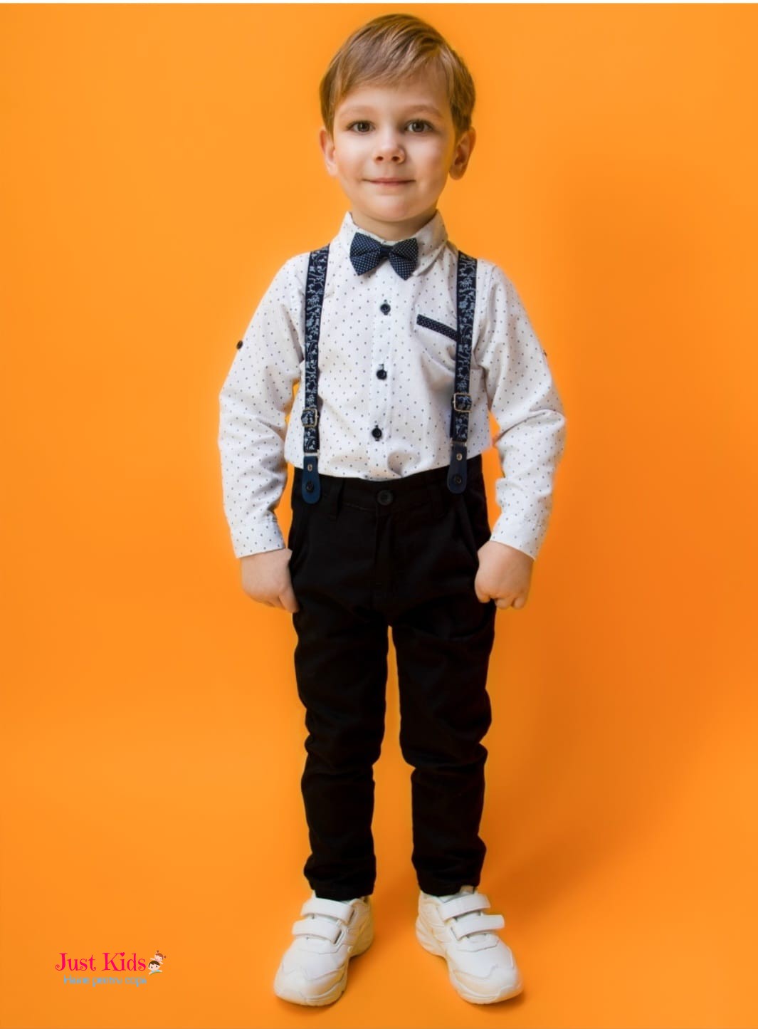 Set/Compleu elegant 4 piese, pantaloni bleumarin și cămașă tip body albă cu model, 6-24 luni