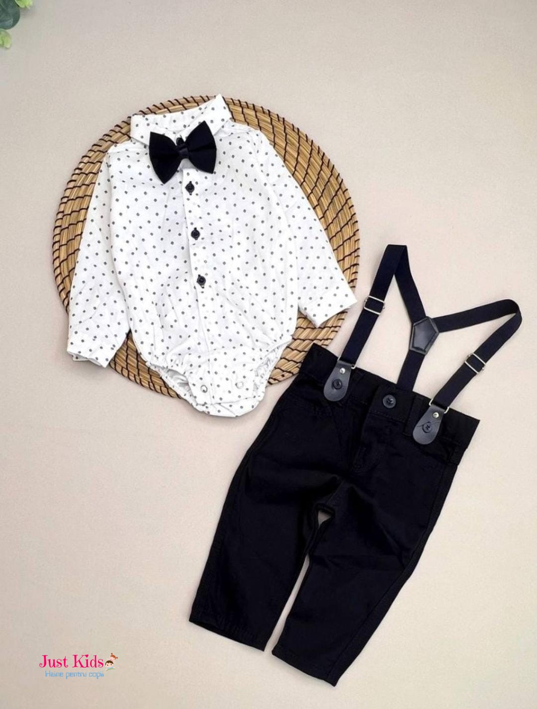 Set/Compleu elegant 4 piese, pantaloni bleumarin și cămașă tip body albă cu model, 6-24 luni