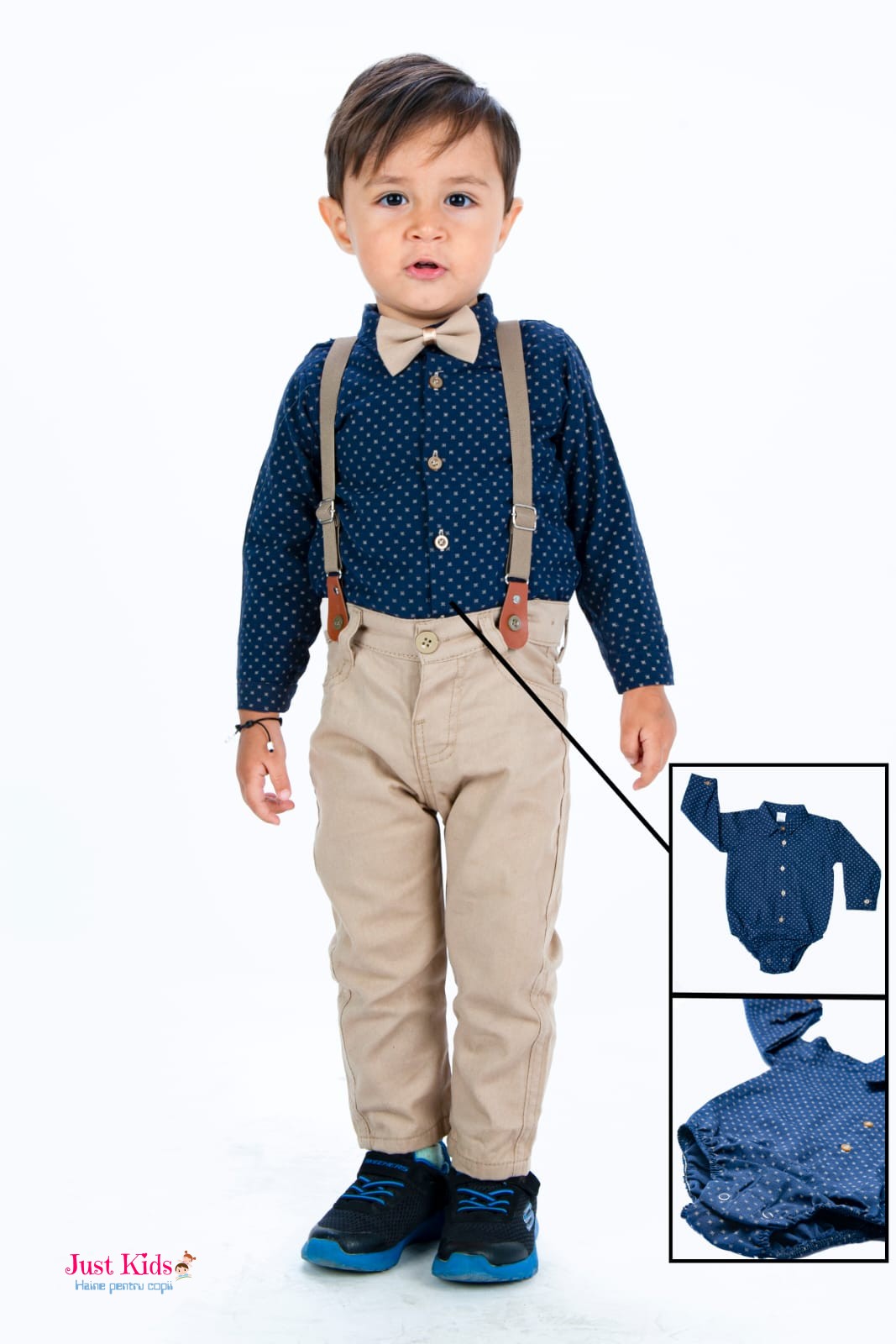 Set/Compleu elegant 4 piese, pantaloni crem și cămașă tip body bleumarin cu model, 6-24 luni