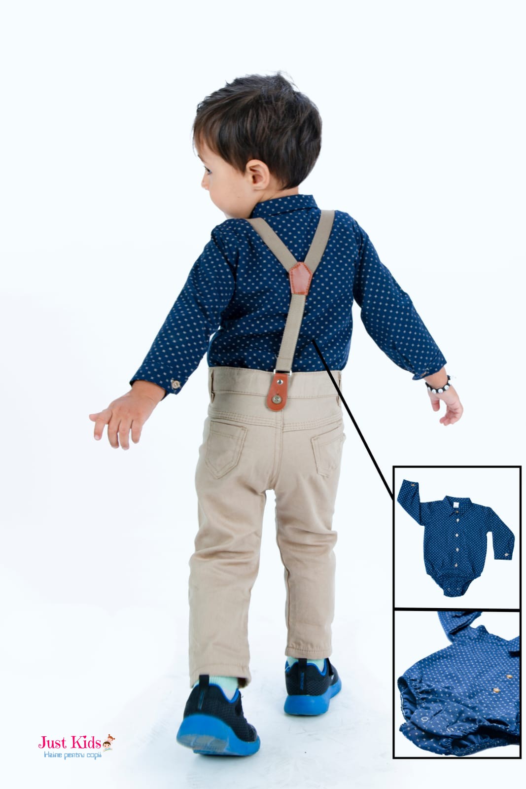 Set/Compleu elegant 4 piese, pantaloni crem și cămașă tip body bleumarin cu model, 6-24 luni