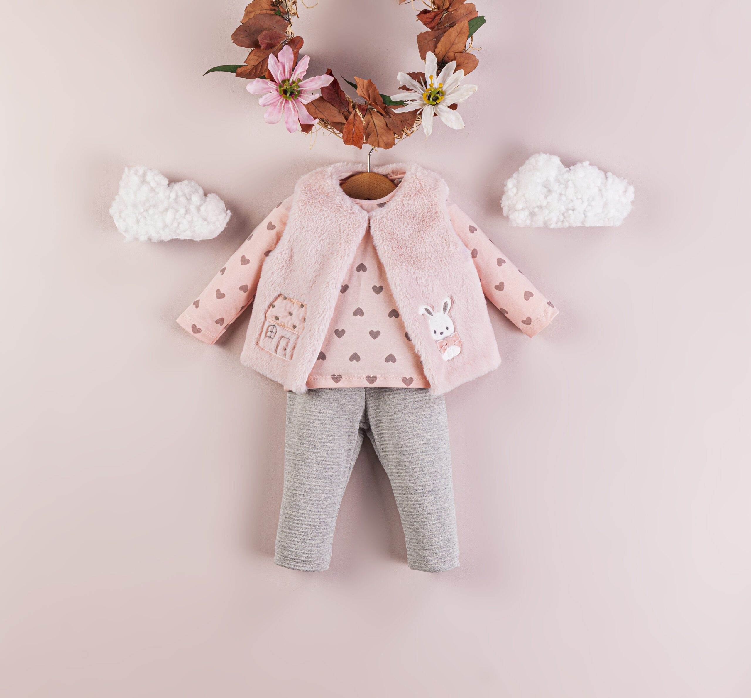 Set 3 piese cu vestă roz fetițe, 6-18 luni