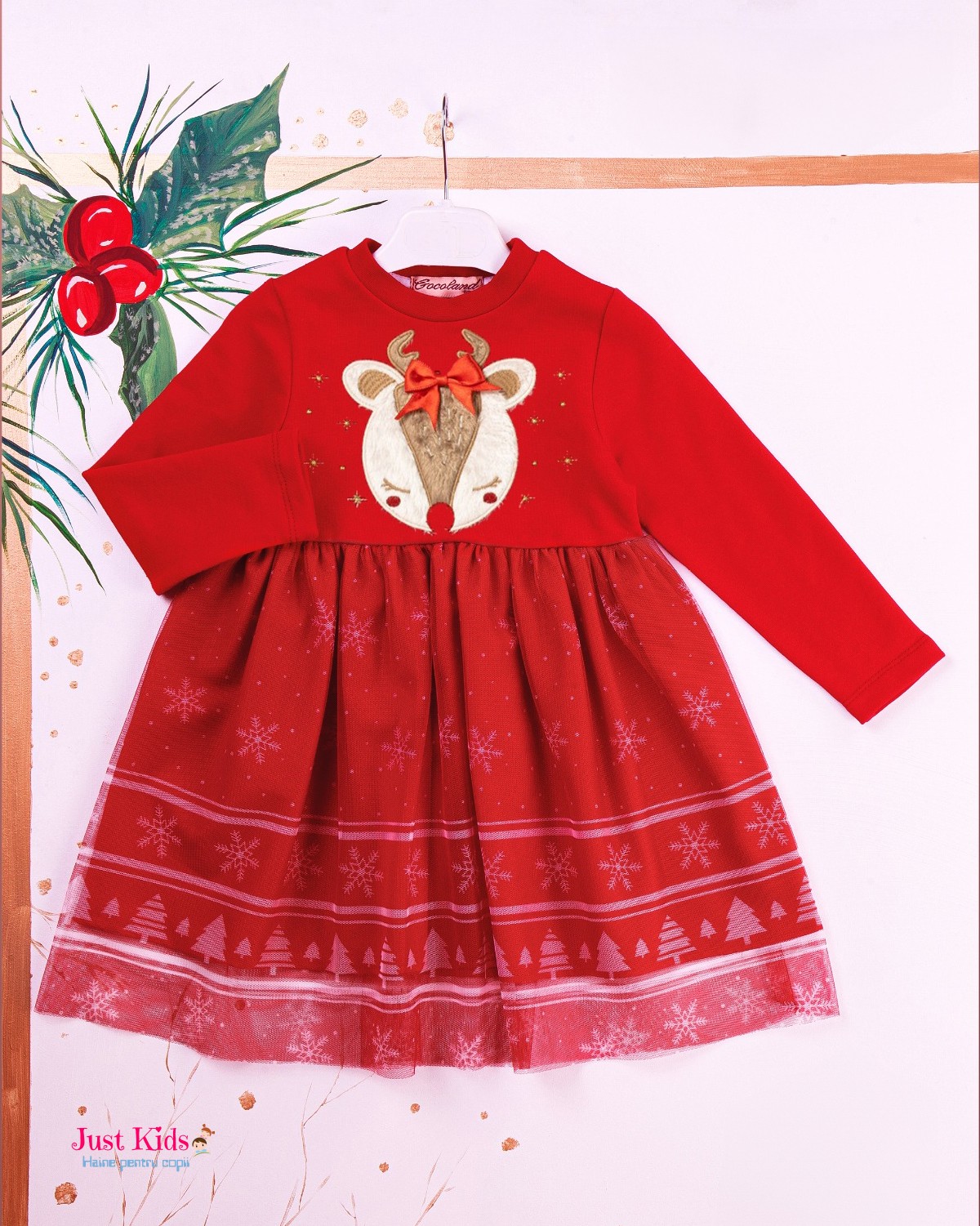 Rochiță ren crăciun, roșie, 2-5 ani