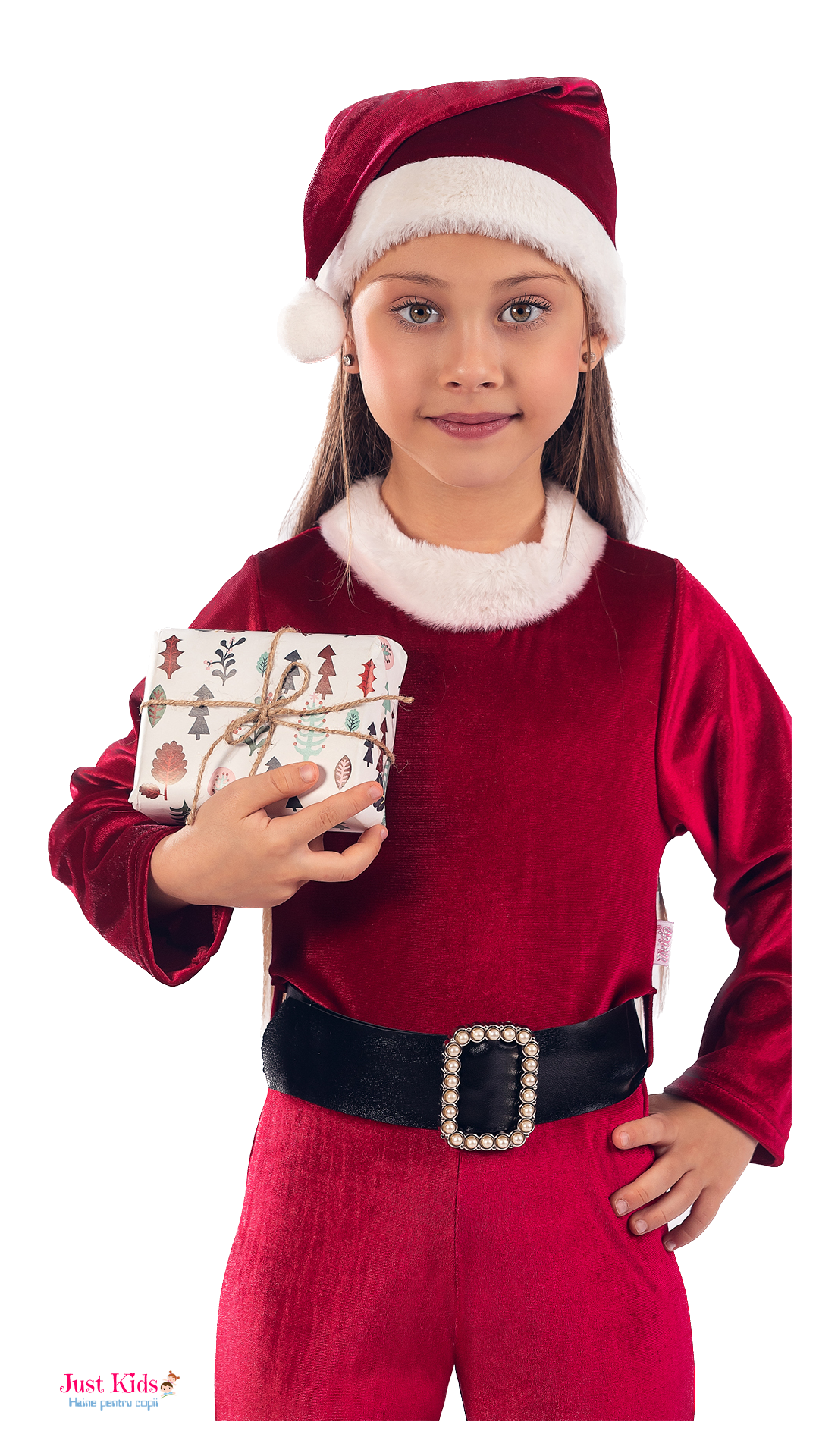 Salopeta Crăciunită, 3 piese, salopetă, căciula de Moș Crăciun, curea neagra, 2-9 ani - imagine 4