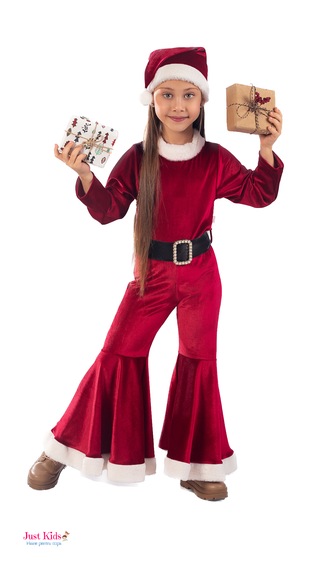 Salopeta Crăciunită, 3 piese, salopetă, căciula de Moș Crăciun, curea neagra, 2-9 ani - imagine 5