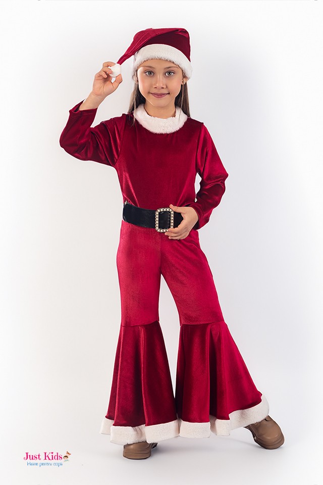 Salopeta Crăciunită, 3 piese, salopetă, căciula de Moș Crăciun, curea neagra, 2-9 ani