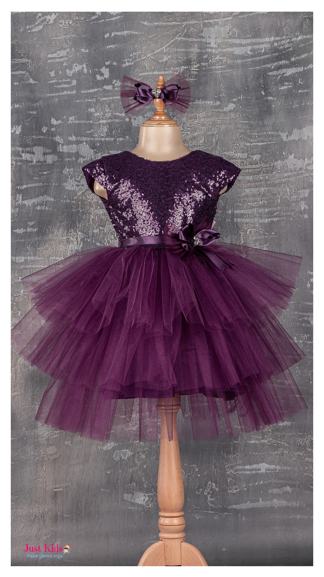 Rochie Strălucitoare din tul cu paiete și accesorii, mov, 5-8 ani