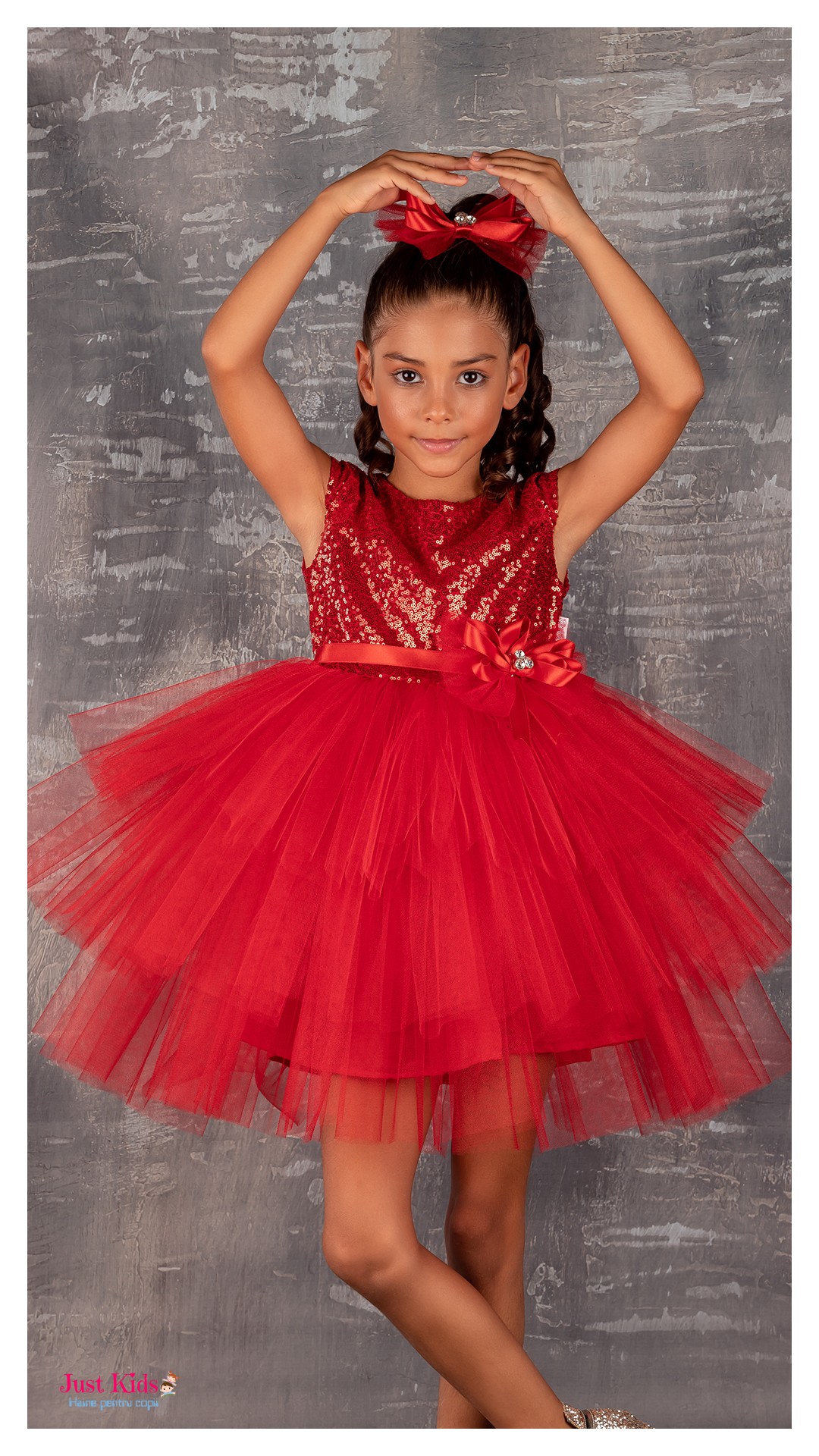 Rochie Strălucitoare din  tul cu paiete și accesorii, Rosu, 5-8 ani