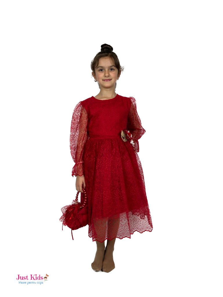Rochie eleganta de dantela cu gentuță, Roșie, 6-12