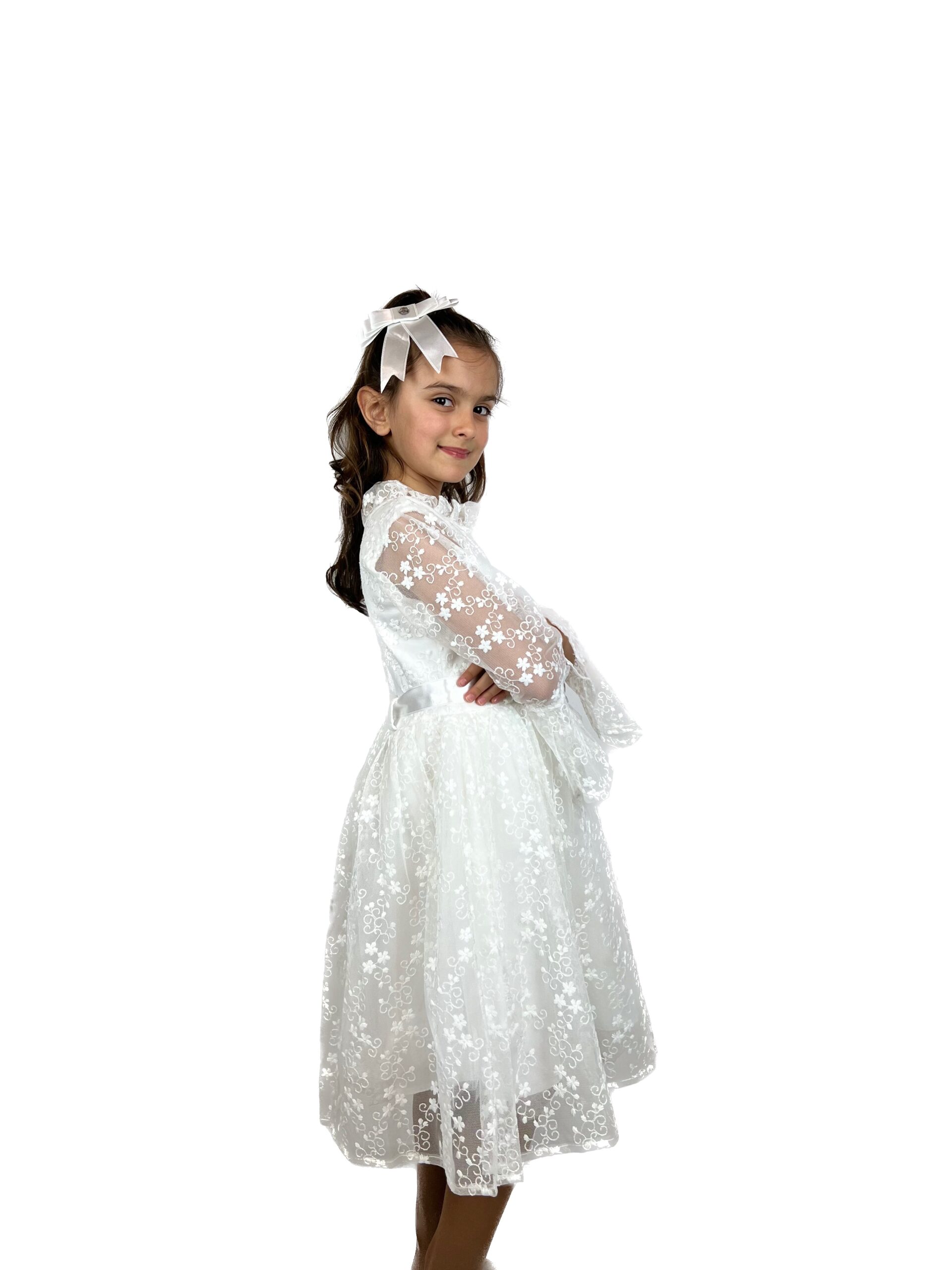 Rochie de Vis cu Dantelă și Accesorii Chic, Alb, 6-12 ani - imagine 3