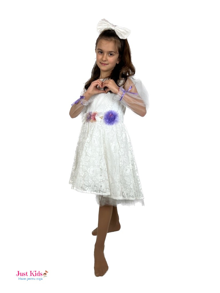 Rochie din dantela fina alba-mov, 7-10 ani