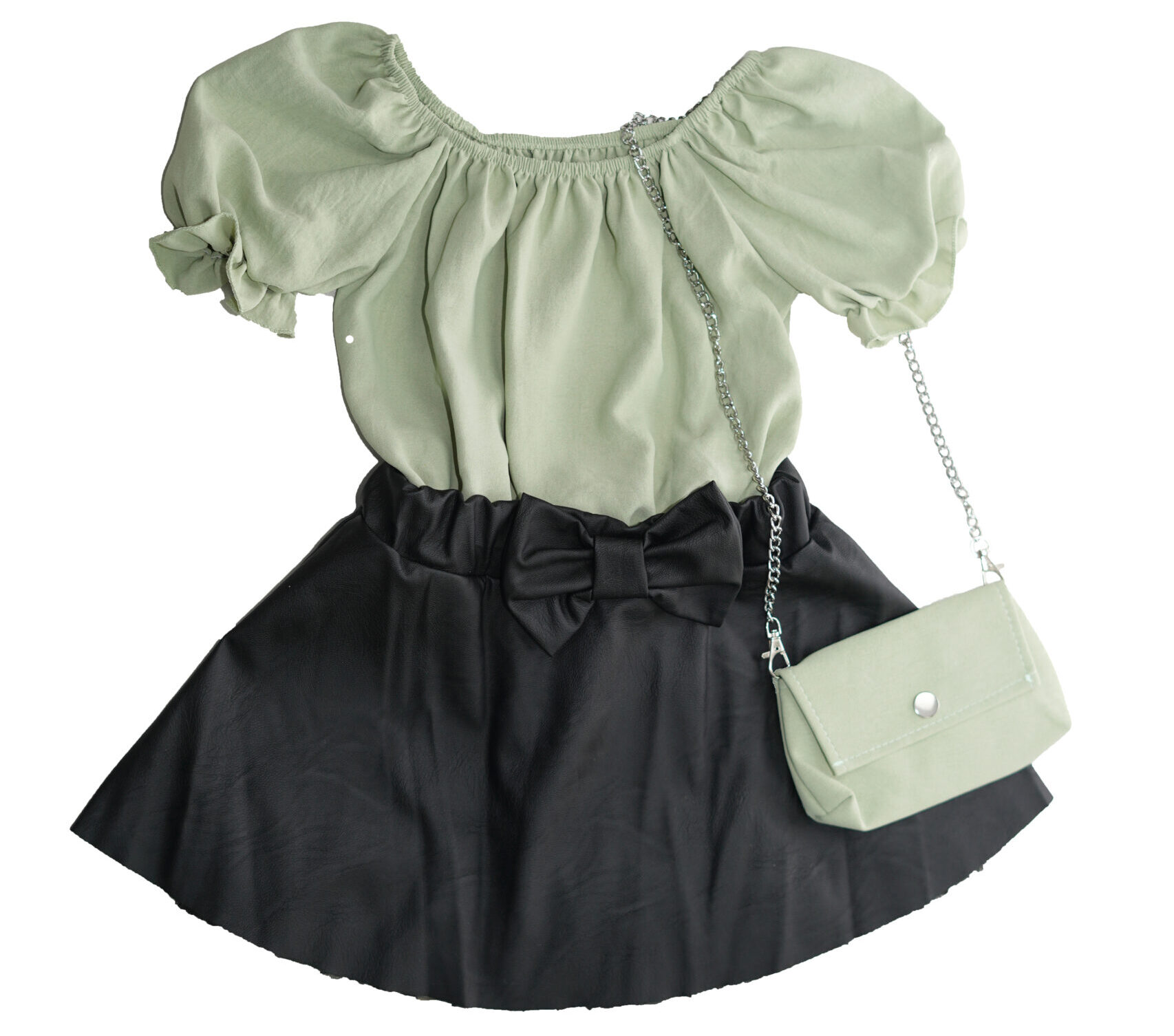 Bluză de pânză topită cu gentuță asortată, Verde, 4-14 Ani