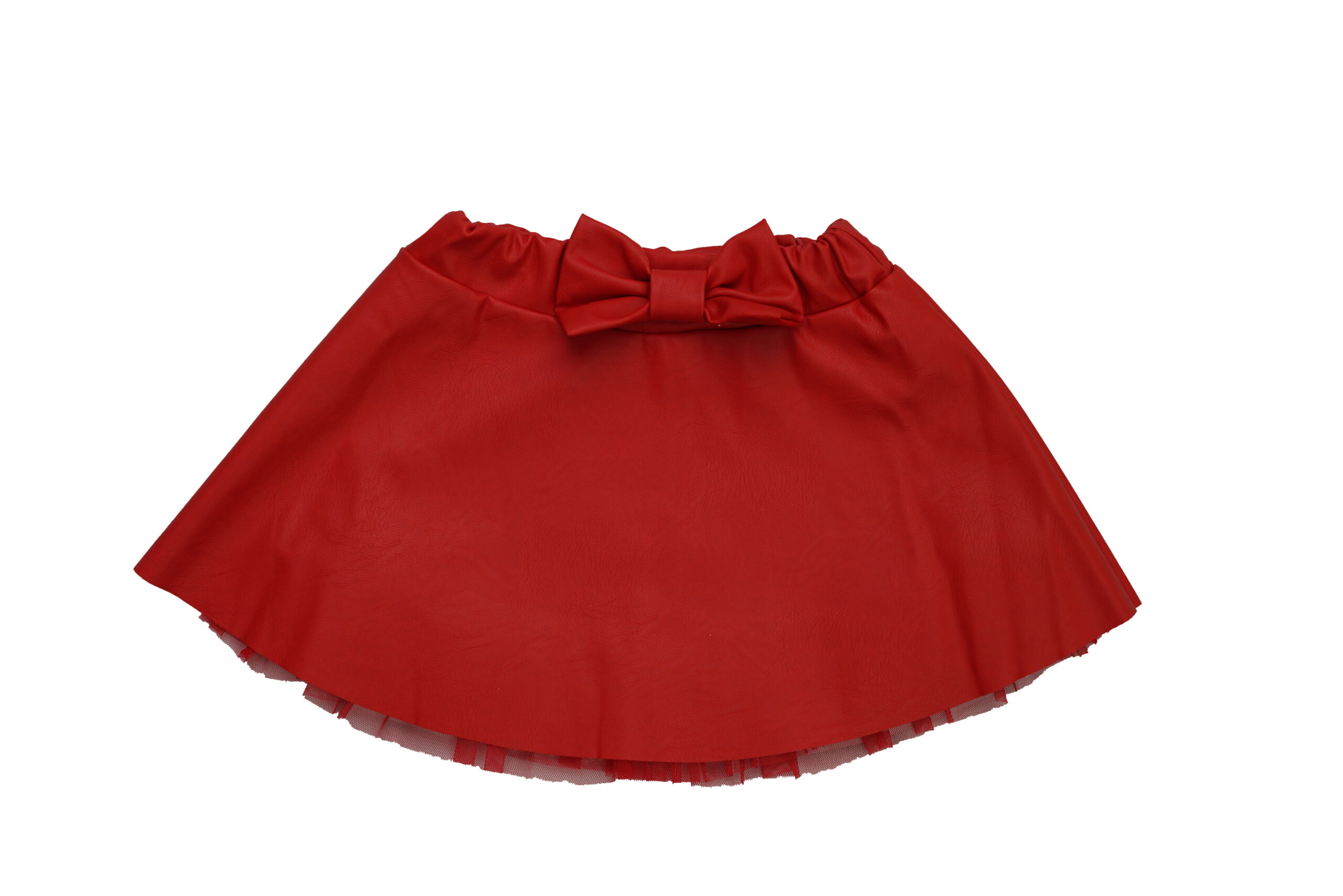 Fusta din piele ecologică cu fundița și tulle, roșie 4-14 Ani