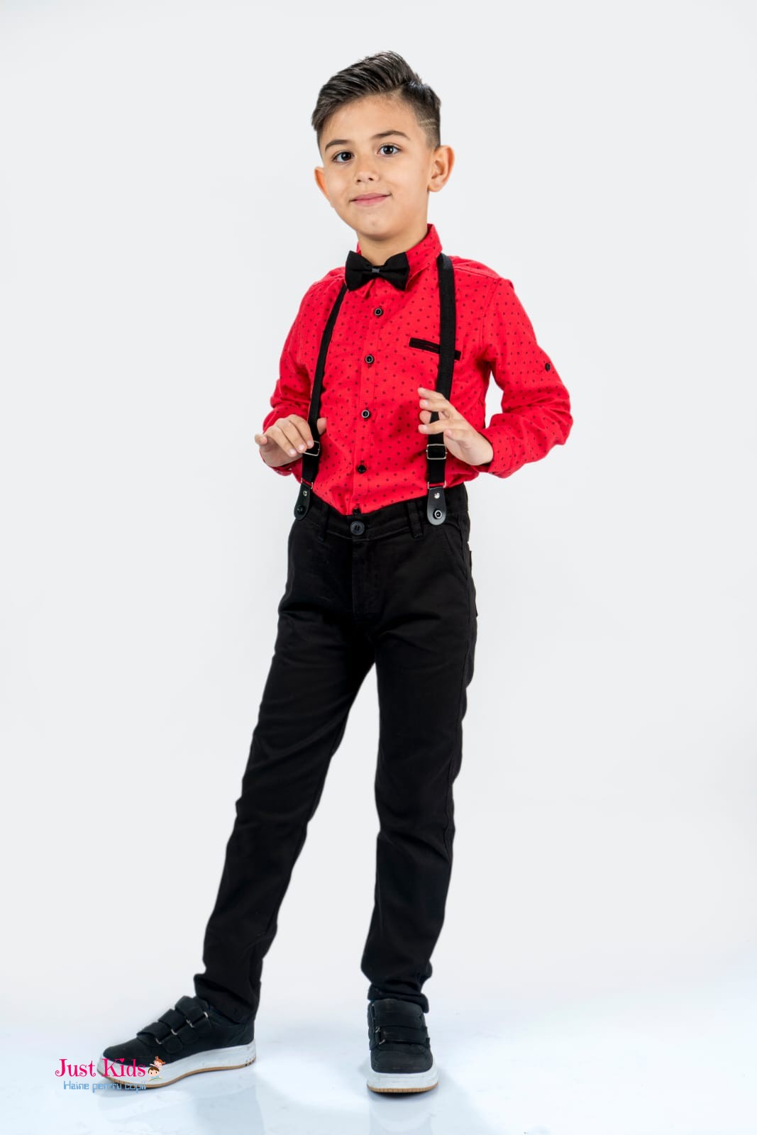 Set/Compleu elegant 4 piese, pantaloni negri și cămașă roșie, 1-8 ani