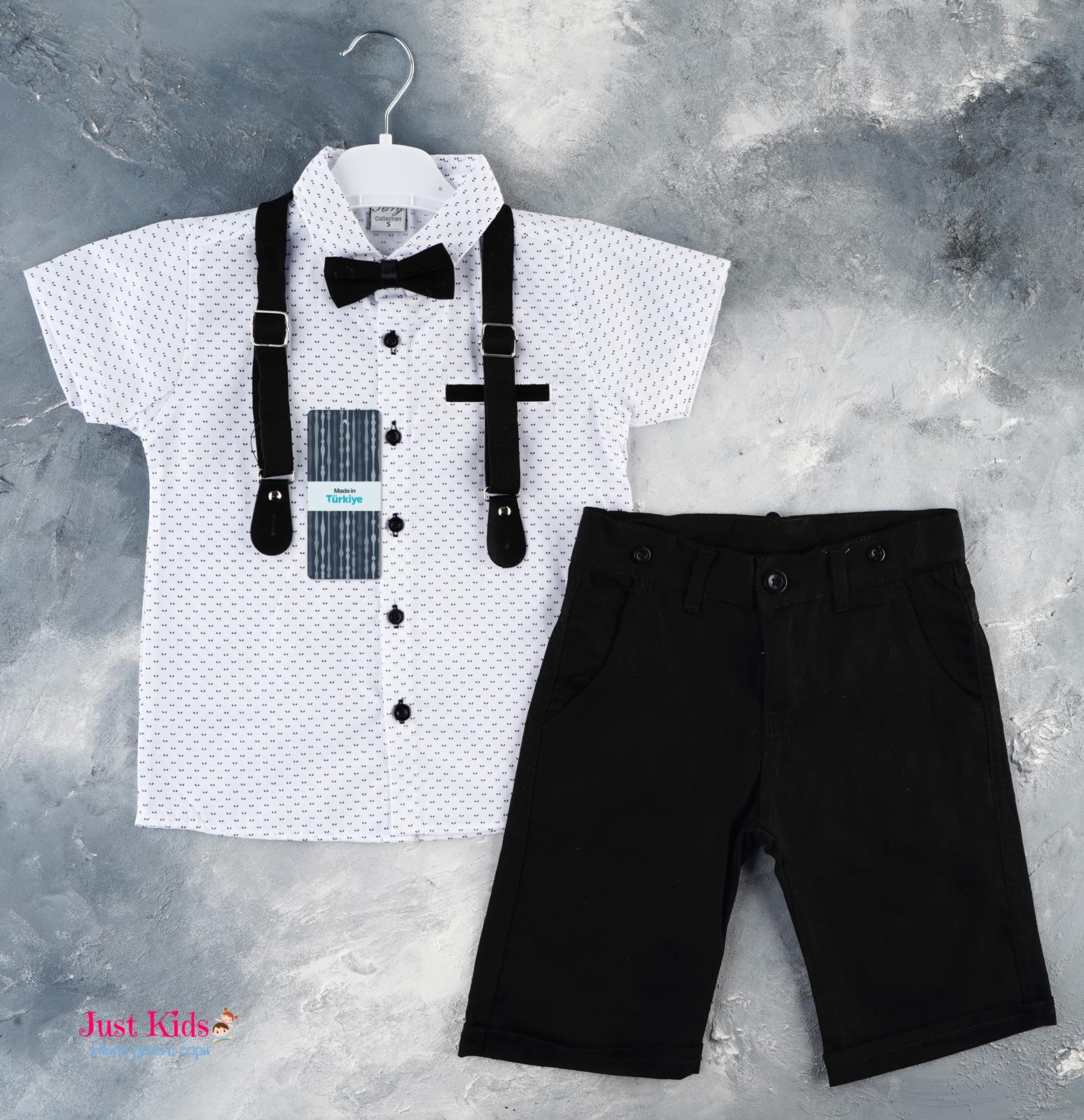 Set/Compleu 4 piese, pantaloni scurți negri și cămașă albă cu model, 1-8 ani