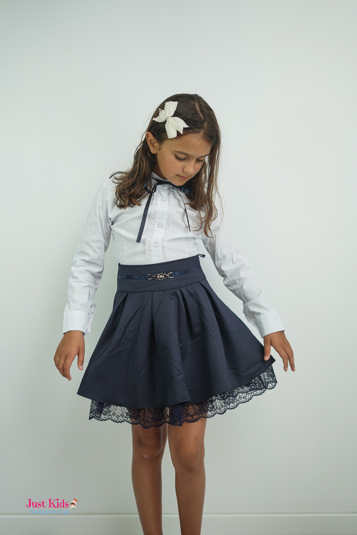 Fustă Elegantă cu Dantelă pentru Fete, Bleumarin, 8-12 Ani