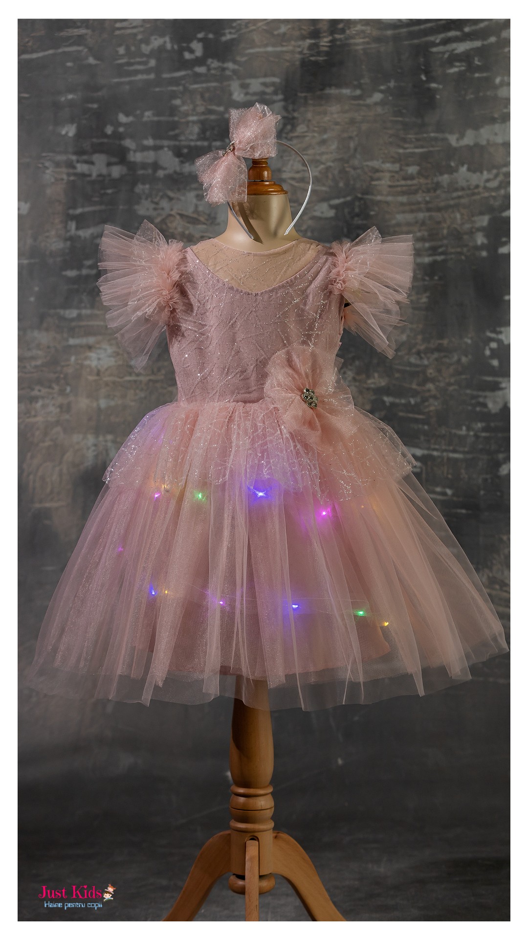 Rochie eleganta de tul și sclipici cu luminițe, Roz, 5-8 ani