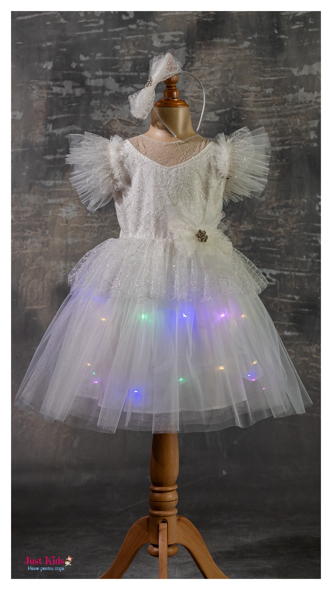 Rochie eleganta de tul și sclipici cu luminițe, Albă, 5-8 ani