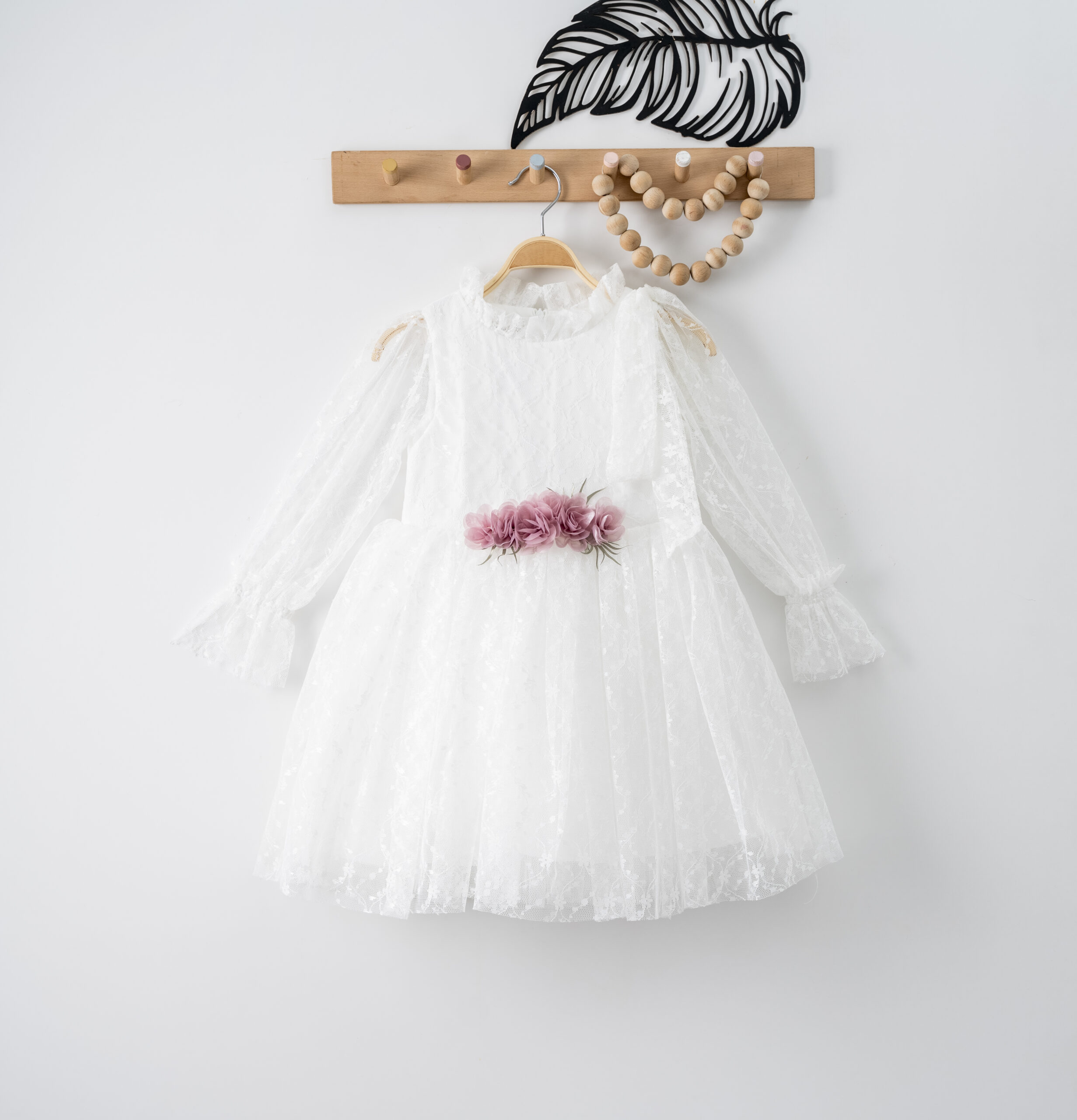 Rochie Albă de Prințesă cu Dantelă și Accesoriu Floral, Roz pudră, 3-6 Ani