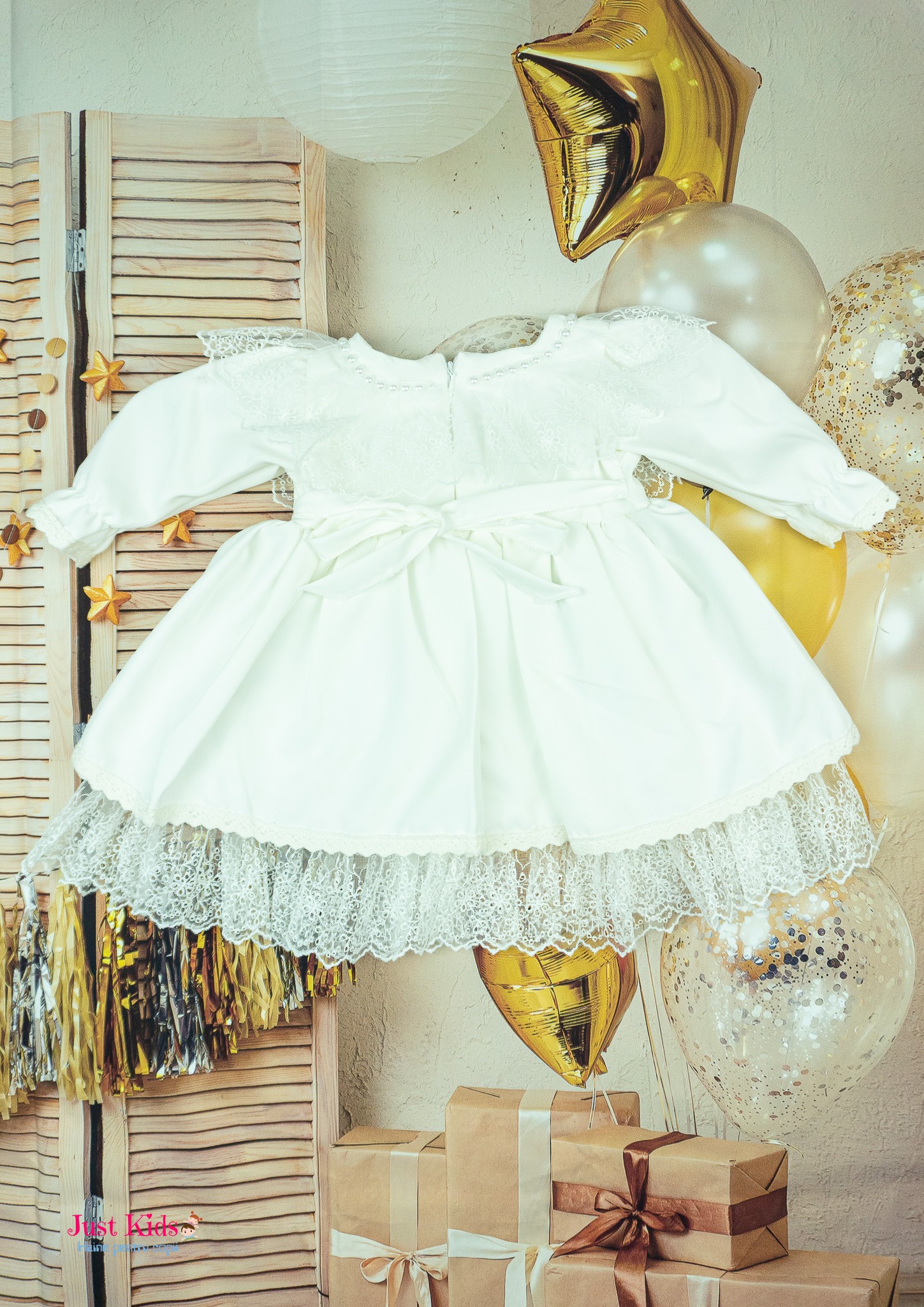 Rochiță Ela cu Dantelă și Perle, Albă, 9-12 luni