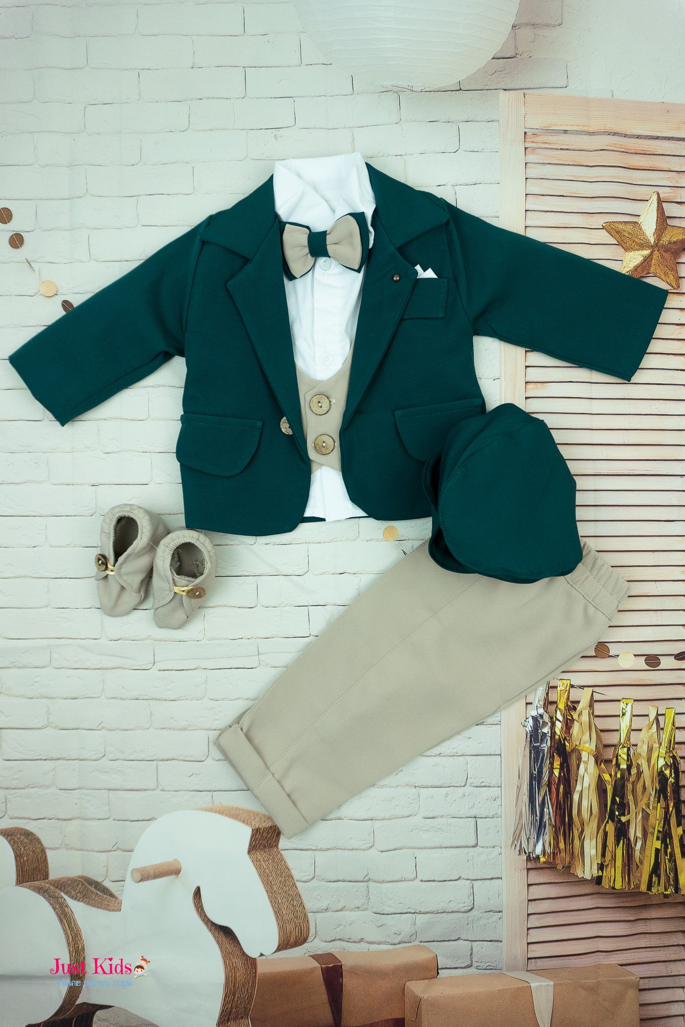 Costum Elegant cu Papion pentru Botez, Verde, 0-3 luni