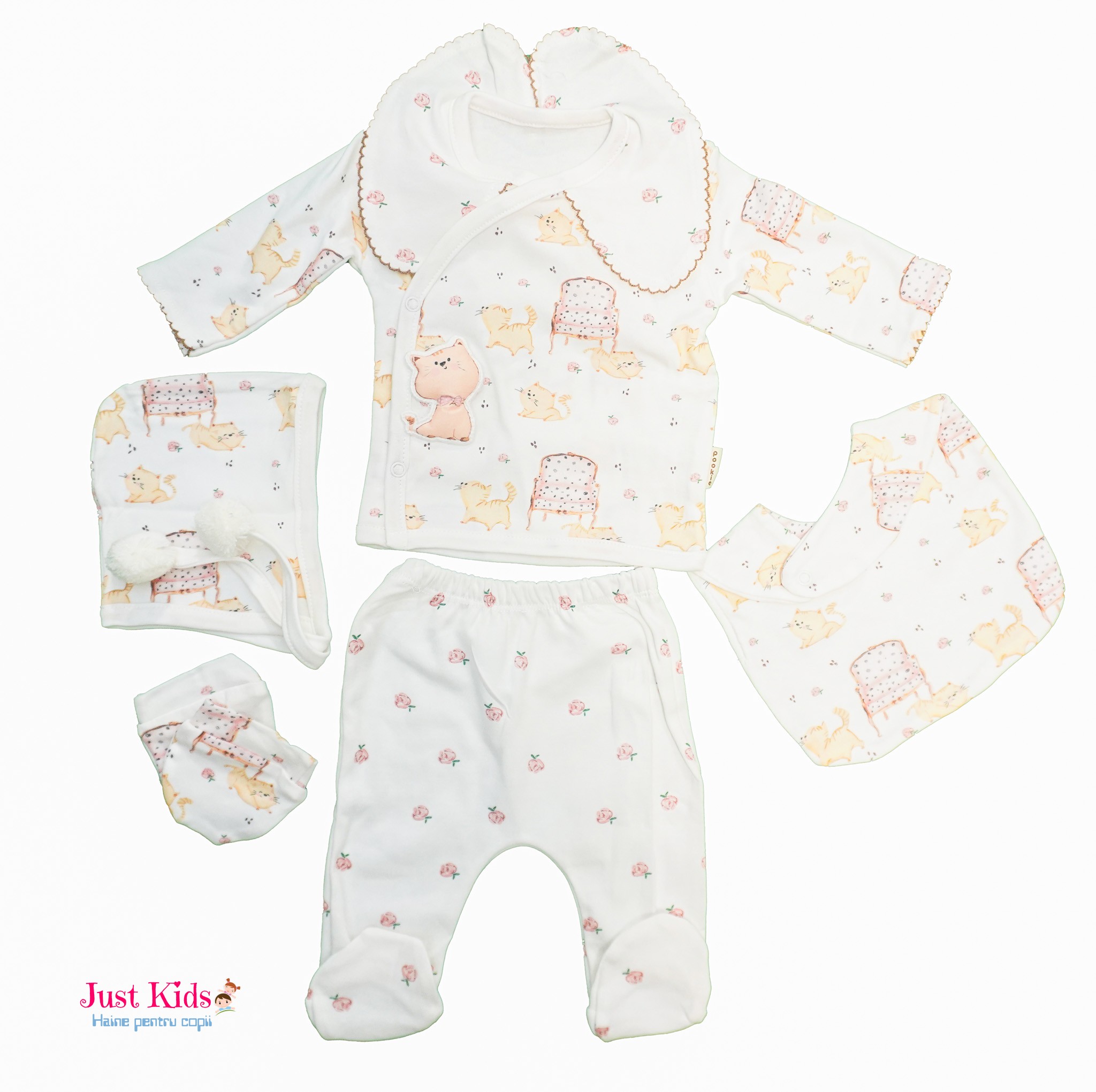 Set Nou-Născut din Bumbac cu Imprimeu Pisici și Floricele, Alb, 0-3 luni