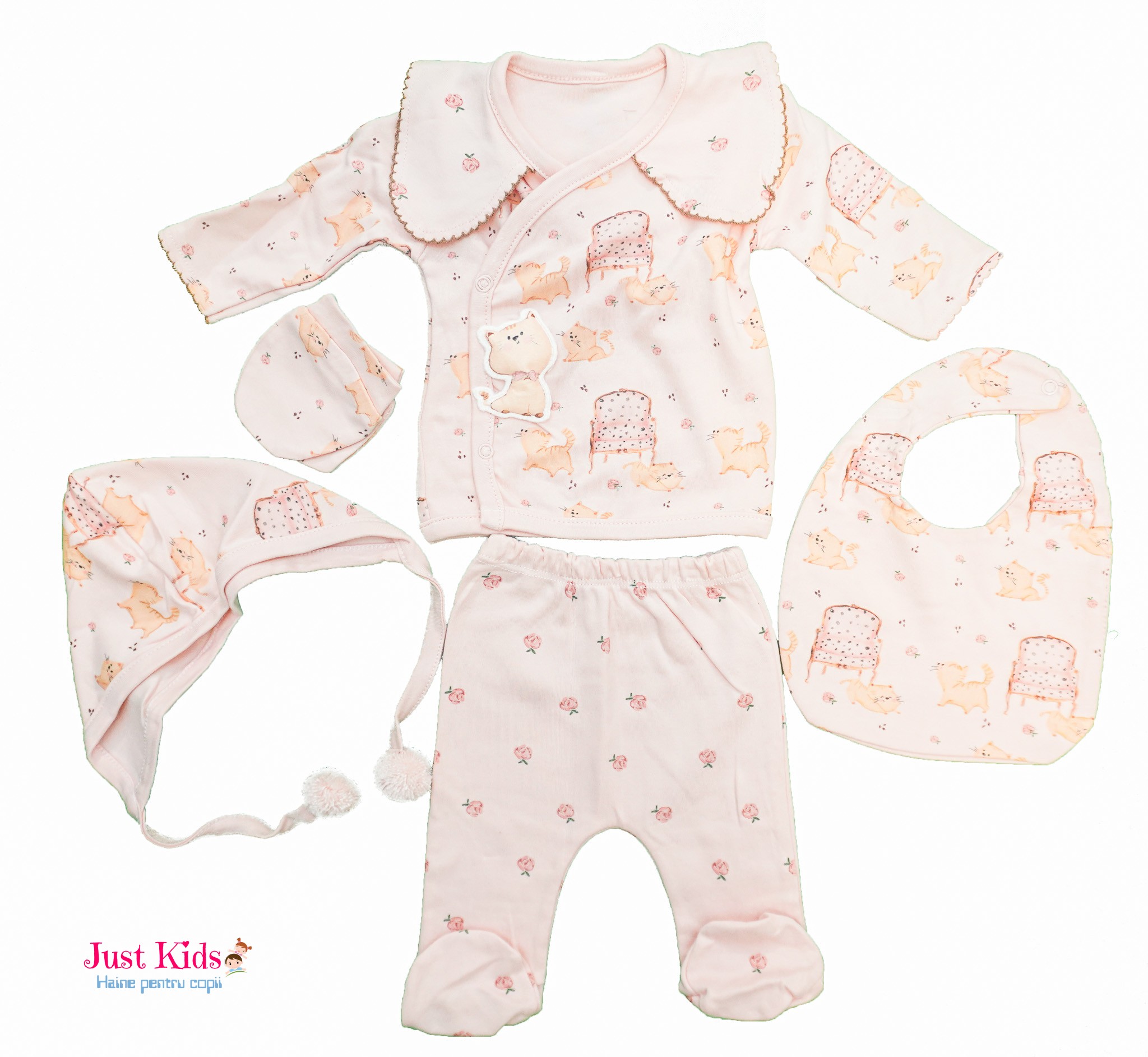 Set Nou-Născut din Bumbac cu Imprimeu Pisici și Floricele, Roz, 0-3 luni