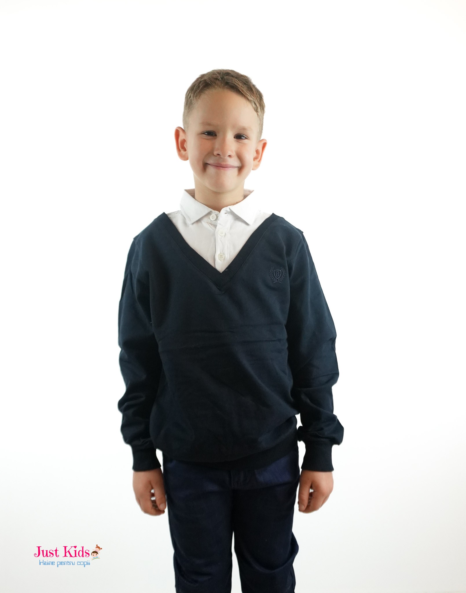 Pulover băieți cu decolteu în V si decolteu tip cămașă, Bleumarin, 10-14 Ani