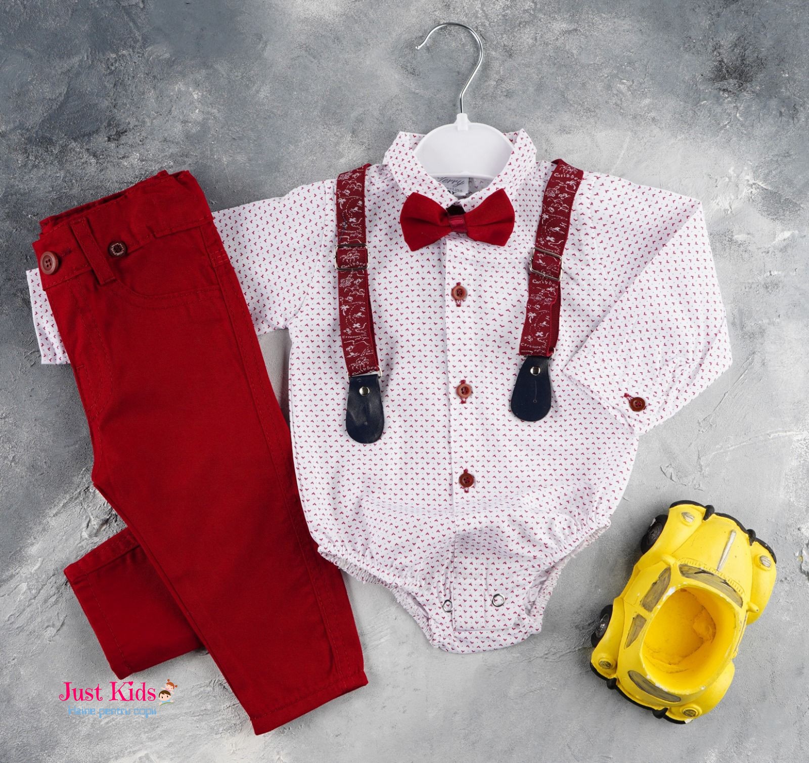 Set/Compleu elegant 4 piese, pantaloni și cămașă tip body, Roșu, 6-24 luni