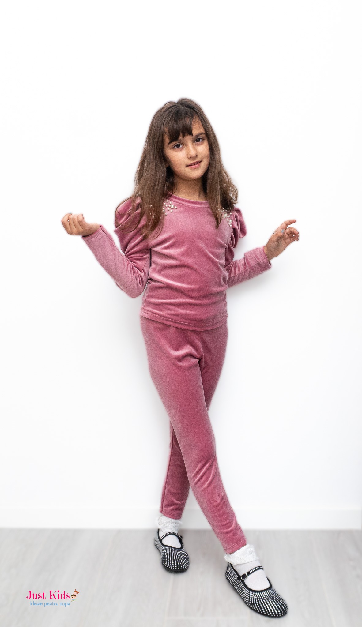 Set Catifea cu Perle pentru Fetițe, Roz, 4-14 Ani