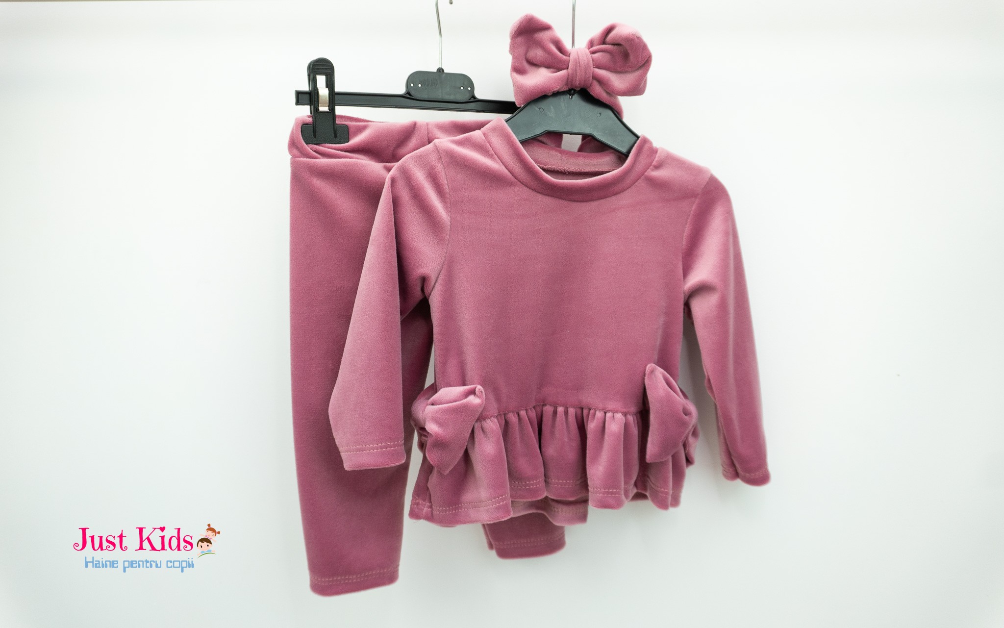 Set Elegant 3 Piese de Catifea cu Bentiță, Roz, 1-3 ani