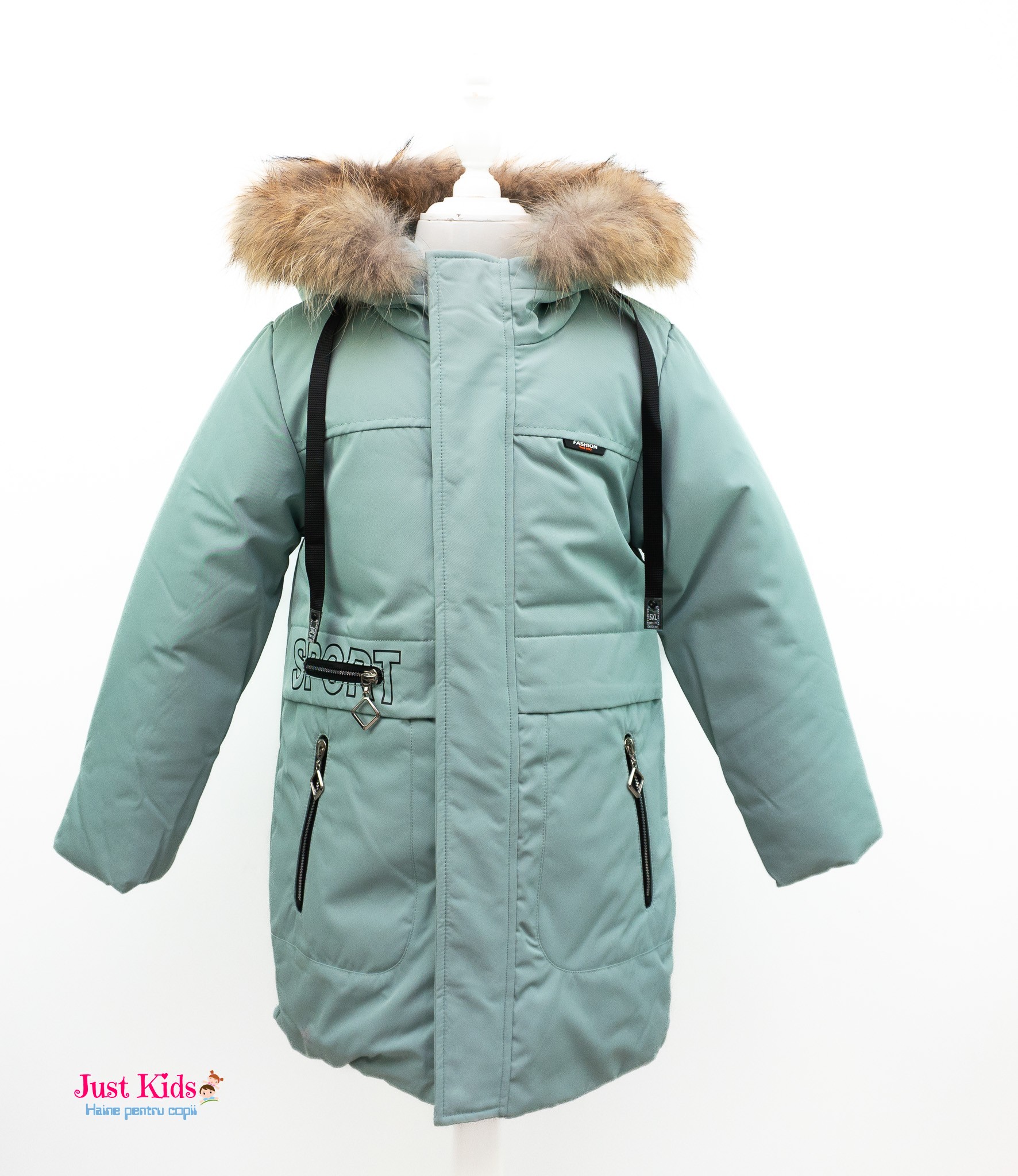 Geaca de iarna cu blana naturală, Verde, 7-11 ani
