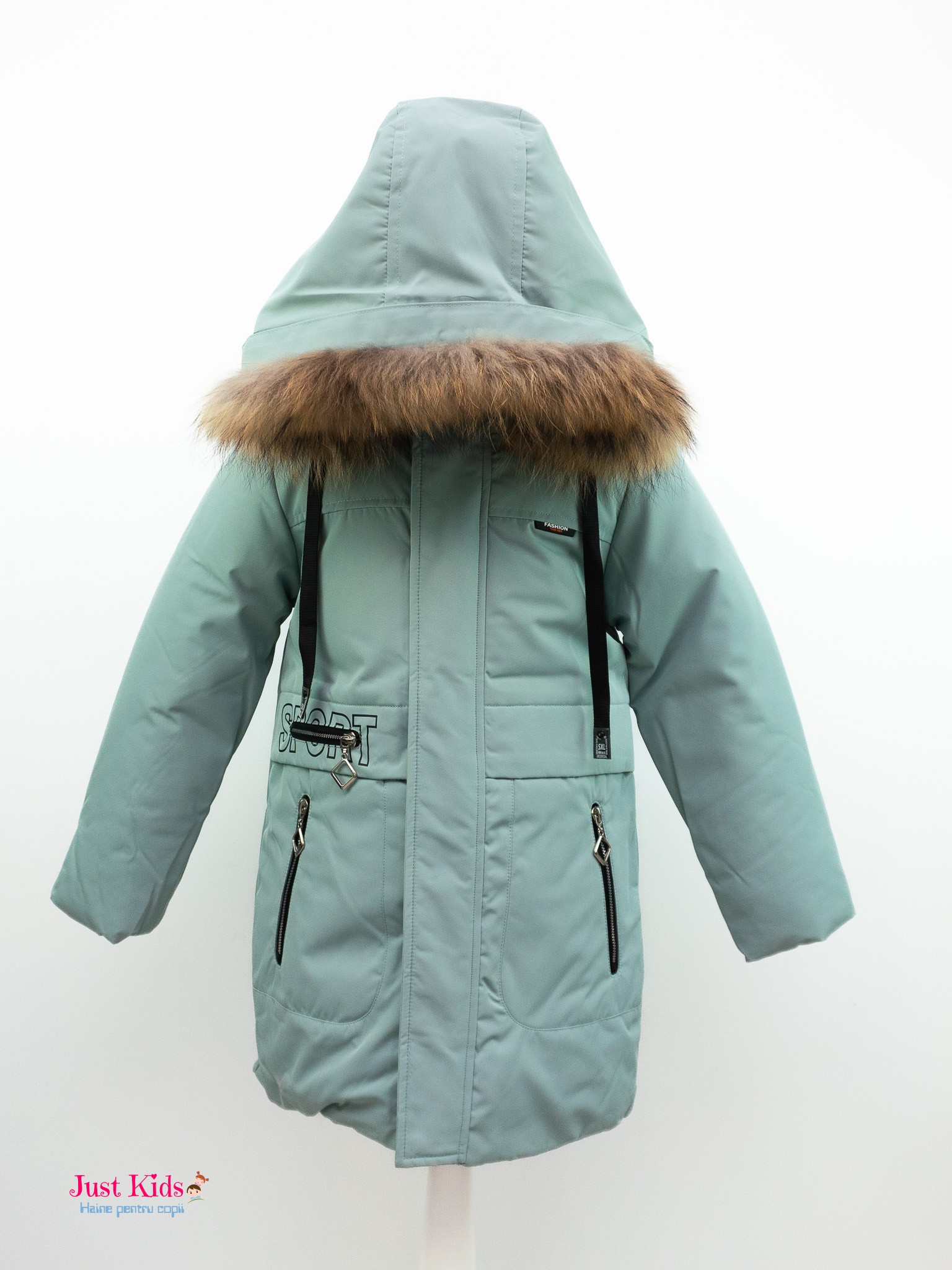 Geaca de iarna cu blana naturală, Verde, 7-11 ani
