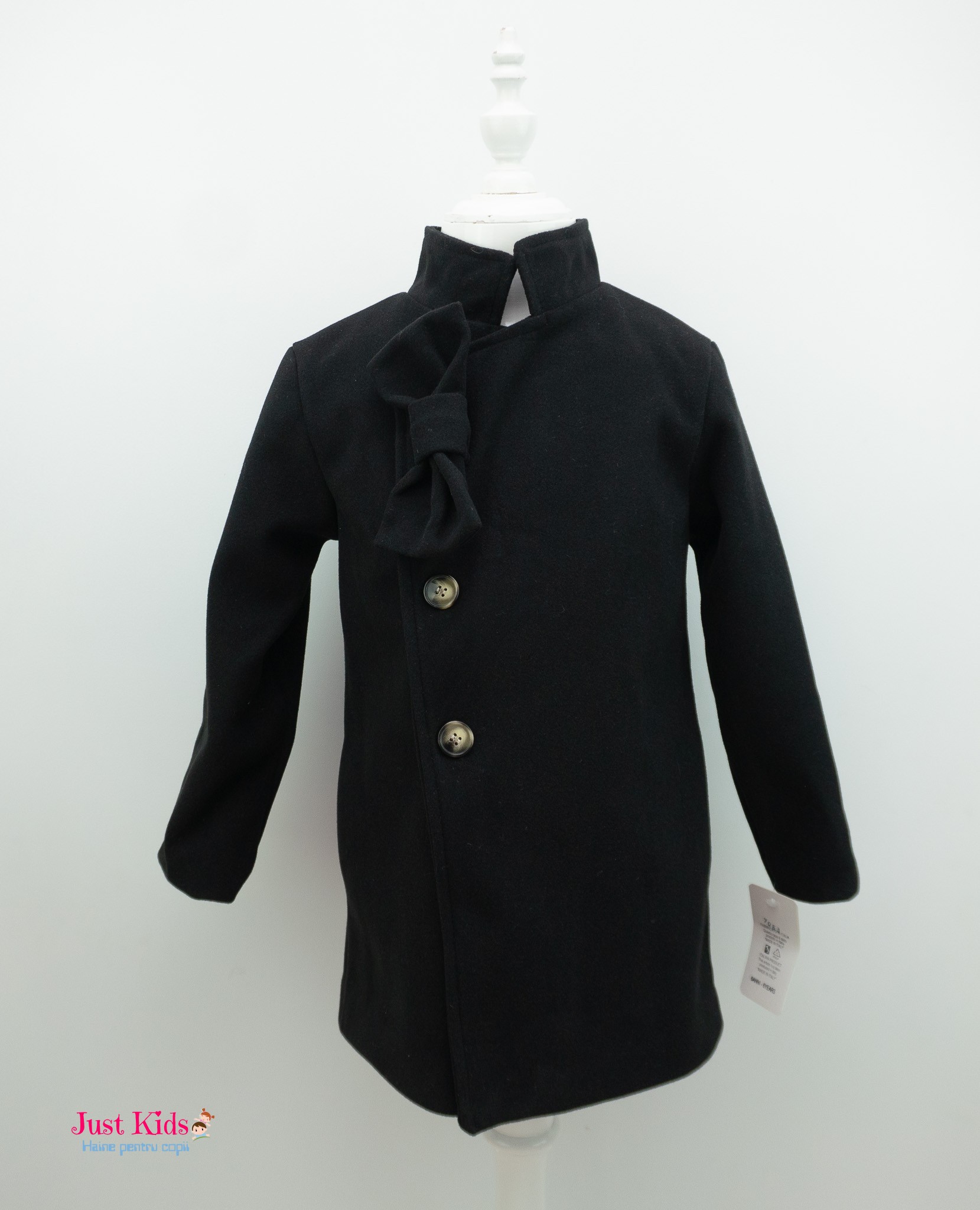 Palton elegant cu fundiță, Negru, 4-14 ani