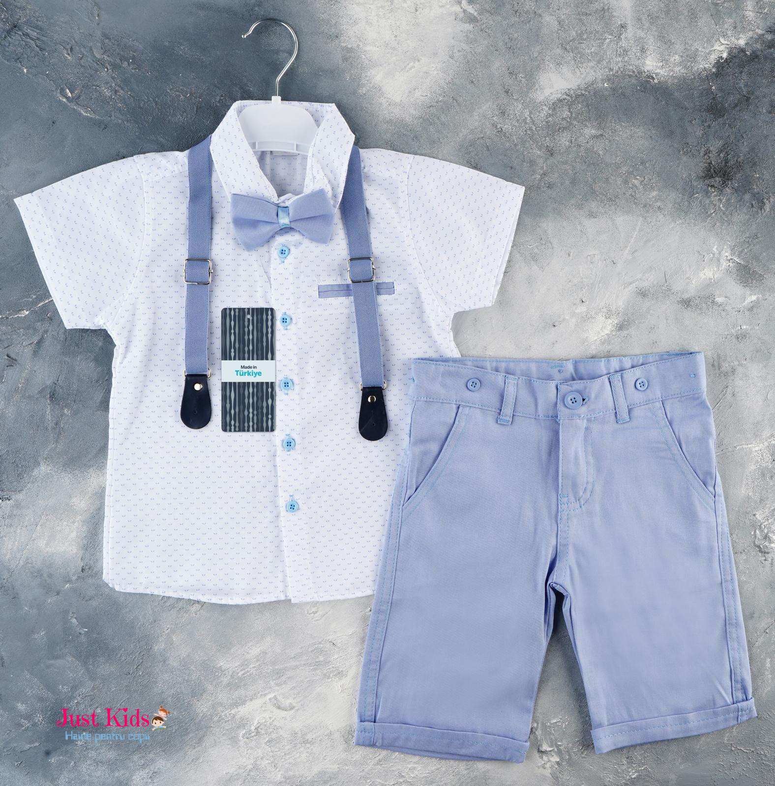 Set/Compleu 4 piese, pantaloni scurți blue și cămașă albă cu model, 1-8 ani
