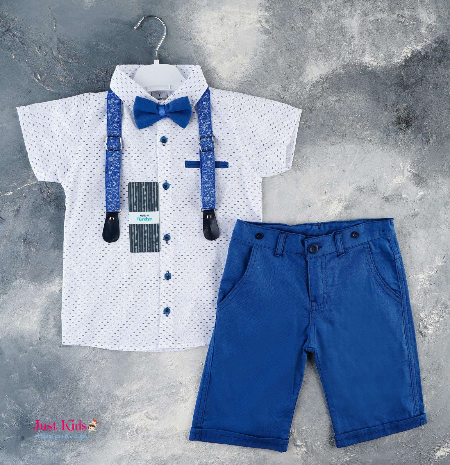 Set/Compleu 4 piese, pantaloni scurți albaștri și cămașă albă cu model, 1-8 ani