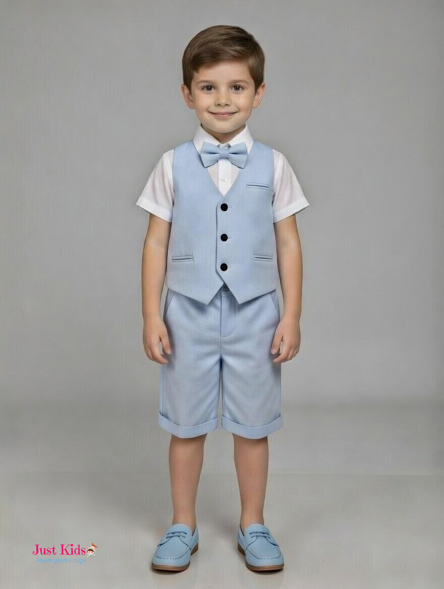 Set/Compleu 4 piese, vestă cu pantaloni scurți bleu și cămașă albă de in, 6-24 luni
