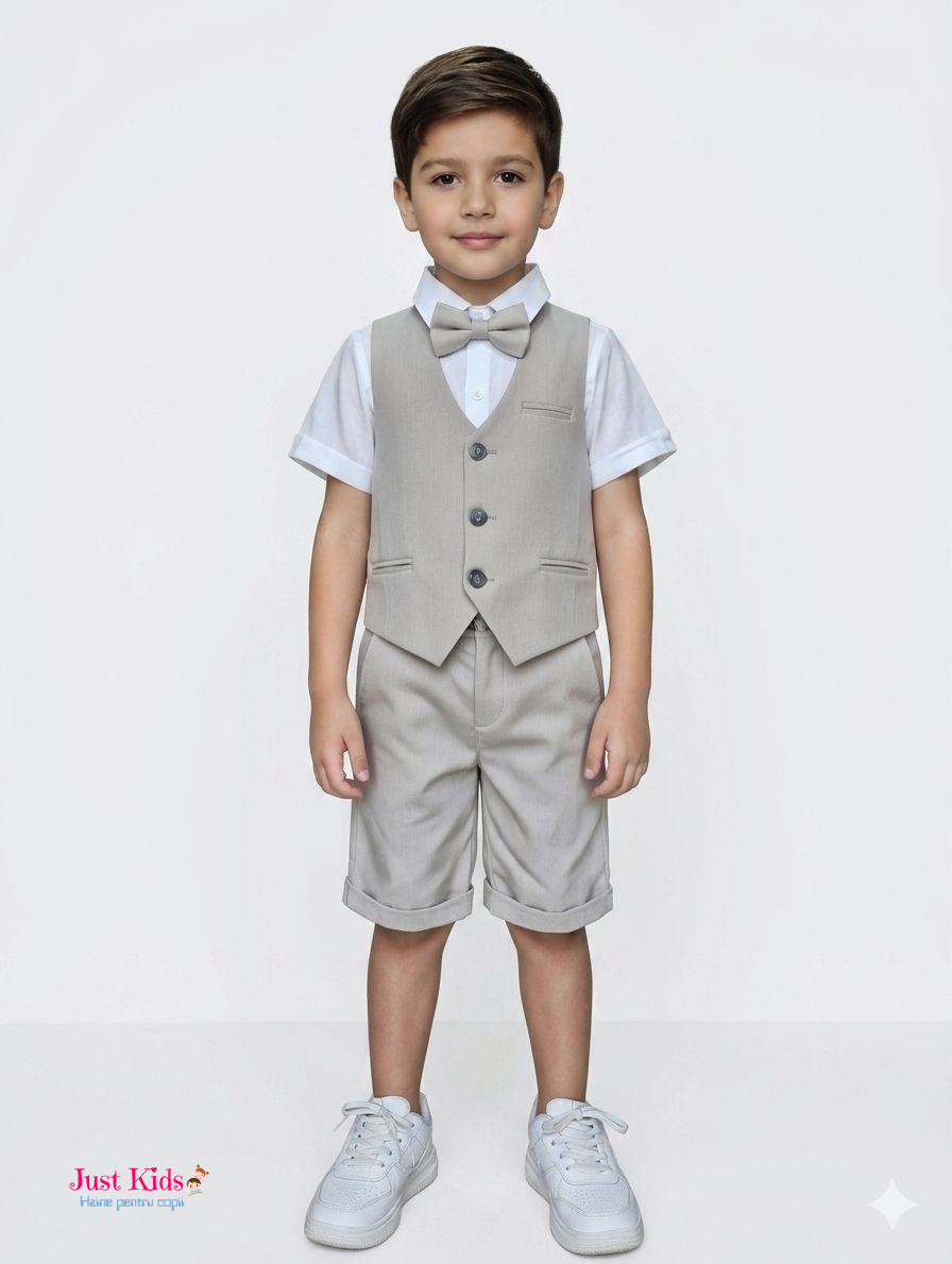 Set/Compleu 4 piese, vestă cu pantaloni scurți gri și cămașă albă de in, 3-10 ani