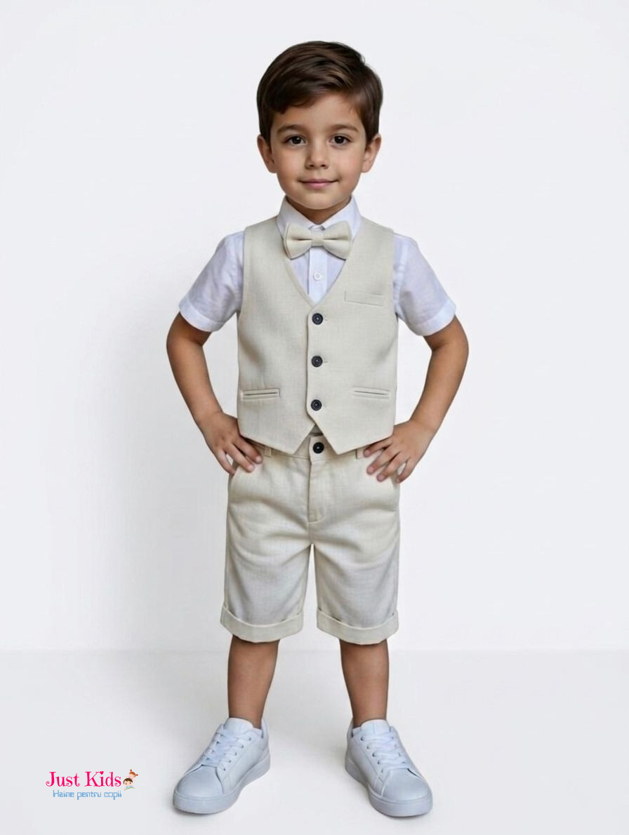 Set/Compleu 4 piese, vestă cu pantaloni scurți bej și cămașă albă de in, 6-24 luni