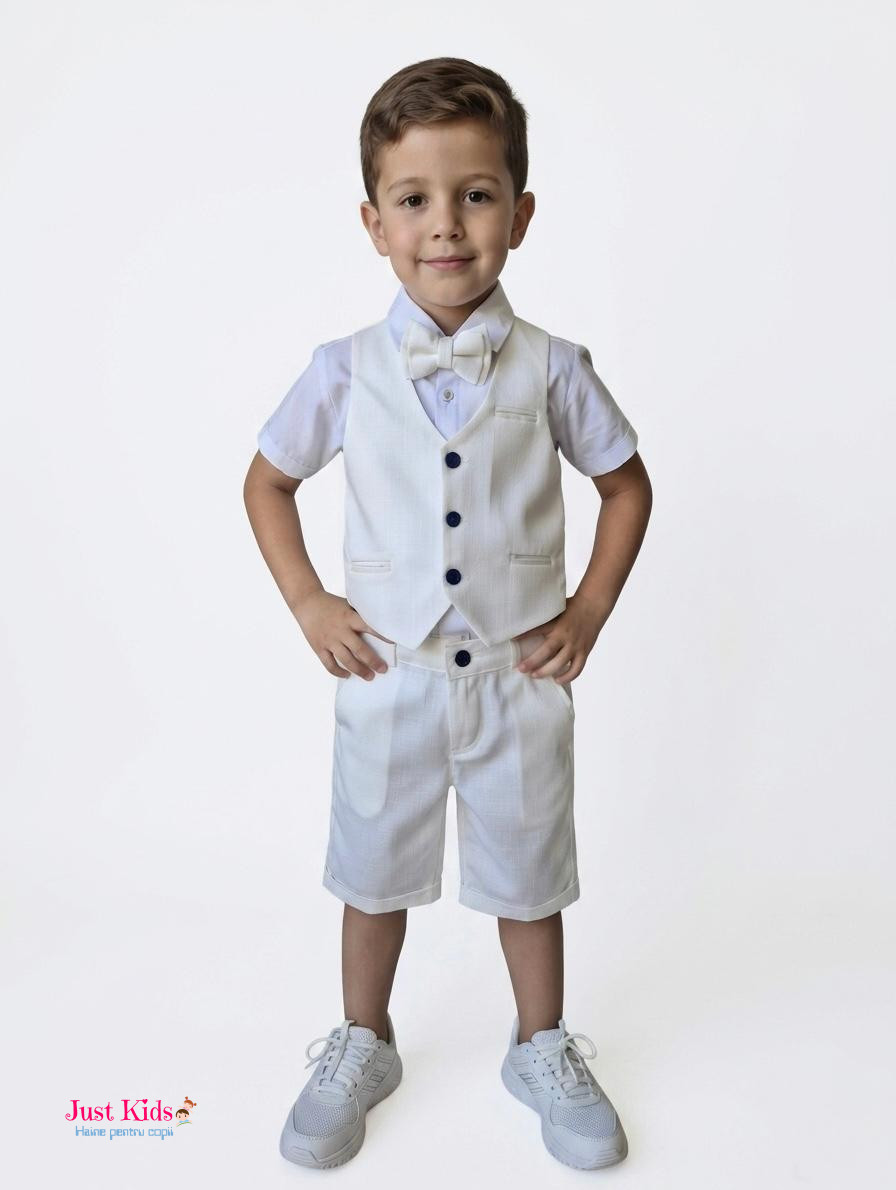 Set/Compleu 4 piese, vestă cu pantaloni scurți off-white și cămașă albă de in, 6-24 luni